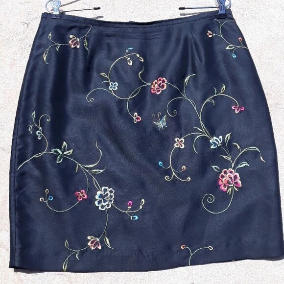 Vintage Allison Taylor Skirt Silk Mini Straight Floral Embroidered Black Size 12 - Picture 6 of 8